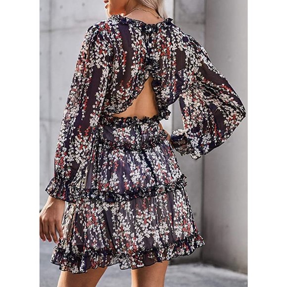 Dresses & Skirts - Navy Blue Printed Chiffon Ruffle A-Line V-Neck Long Sleeve Skater Mini Dress